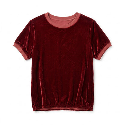 Johnny Was Crushed Velvet Short Sleeve Ringer Tee Top Burgundy Wine Red Size S