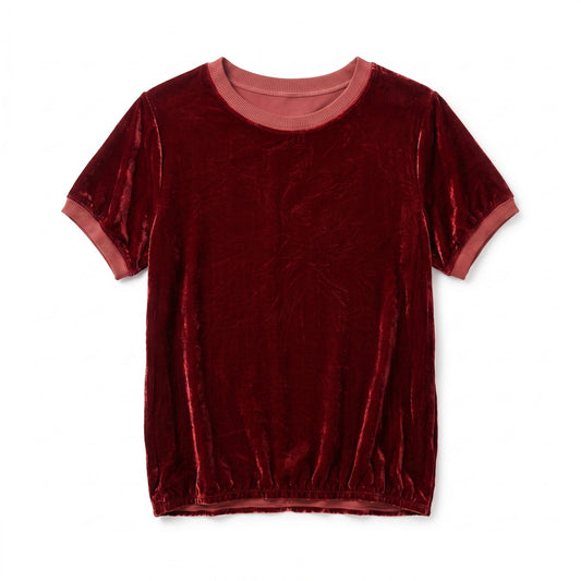 Johnny Was Crushed Velvet Short Sleeve Ringer Tee Top Burgundy Wine Red Size S
