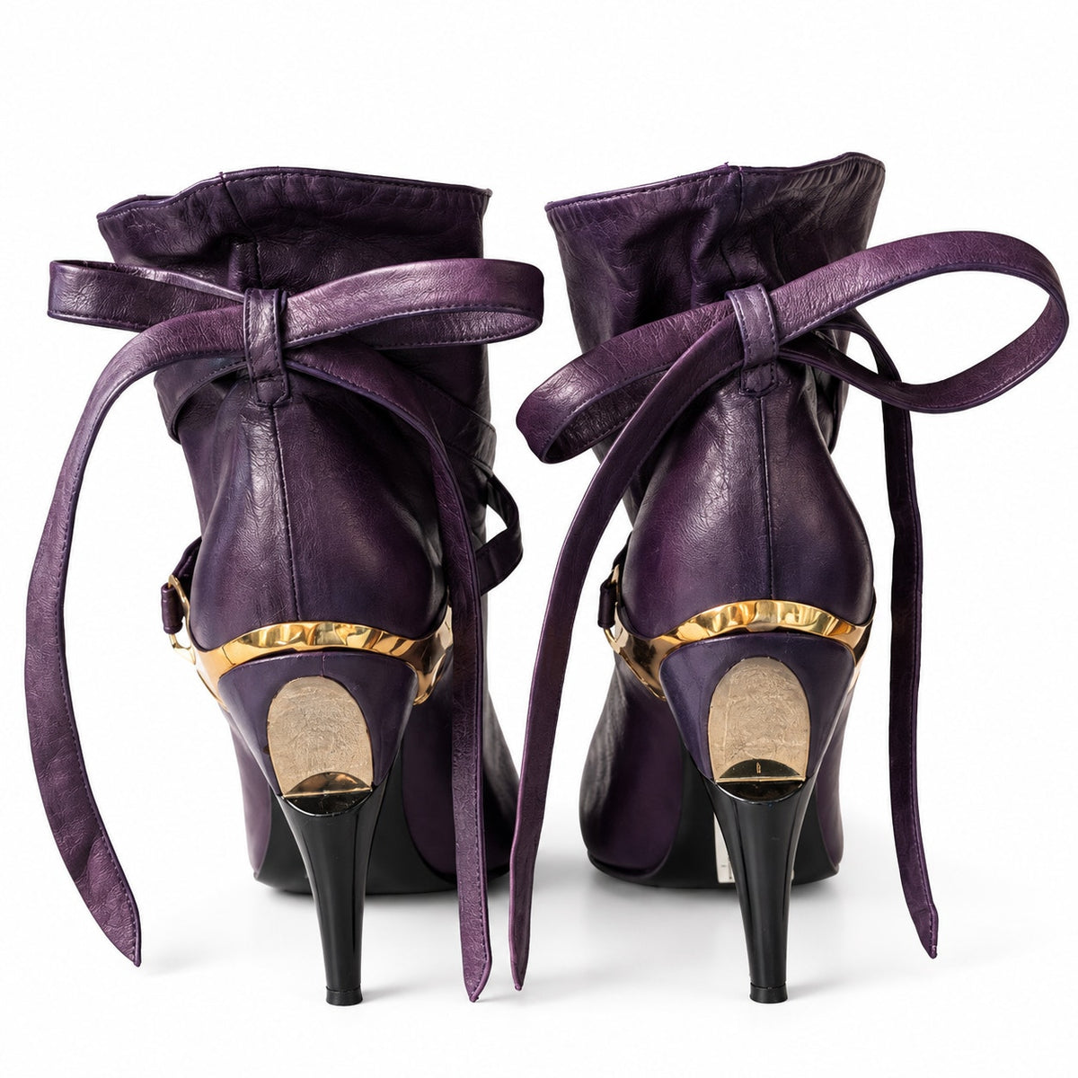Vintage Purple Genuine Leather Slouch Ankle Boots Gold Toe Cap Wrap Tie EU 40