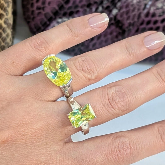 925 Stacking Sterling Silver Man Made Lemon Quartz Rings Set Size 7 & 7.5 Yellow Quartz  Silver Pair