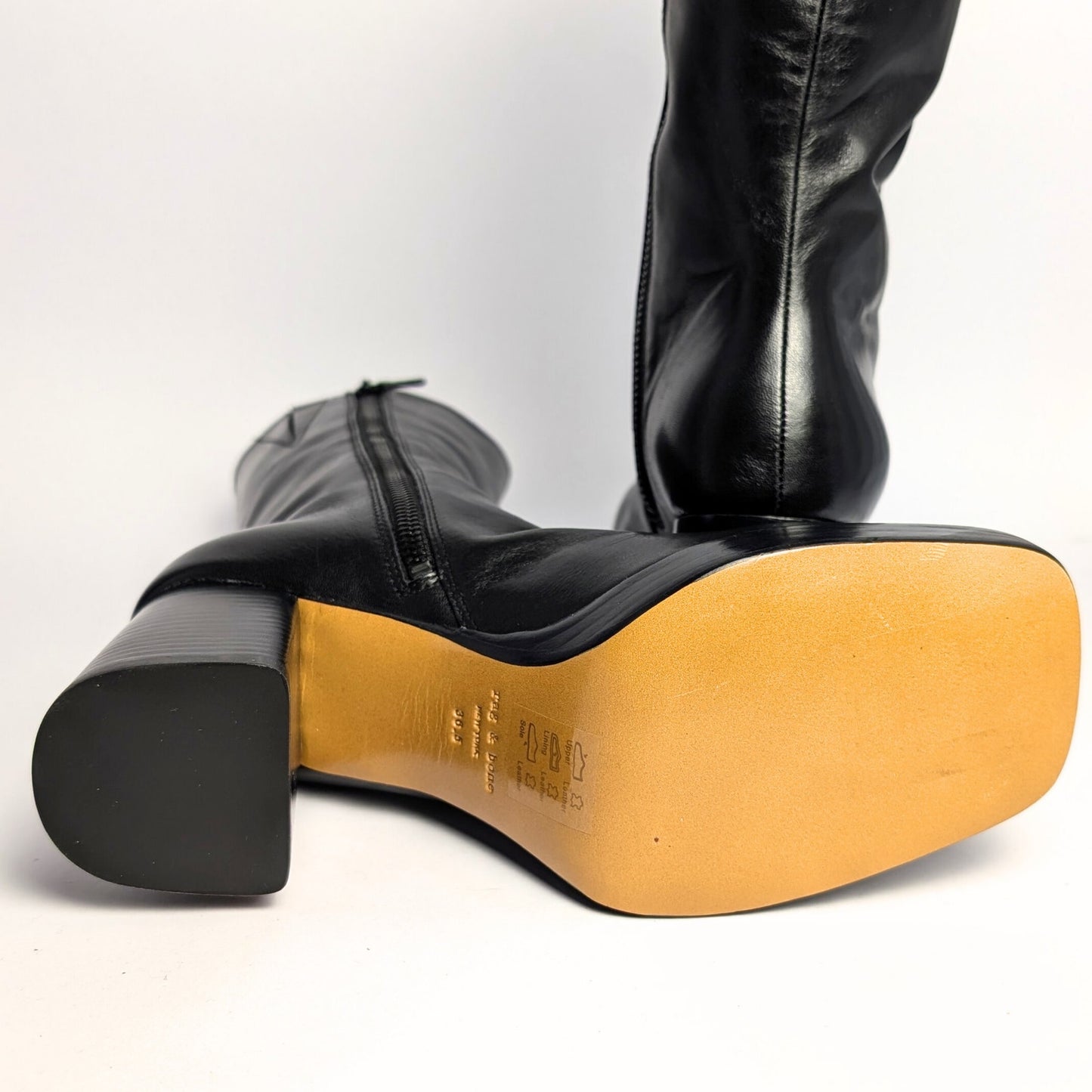 Rag & Bone Black Leather Platform Block Heel Boots Square Toe