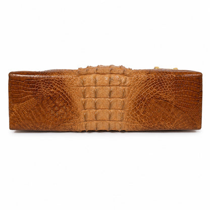 Vintage 100% Genuine Crocodile Skin Handbag Brown Suede Lined Gold Frame Shoulder Strap Mirror