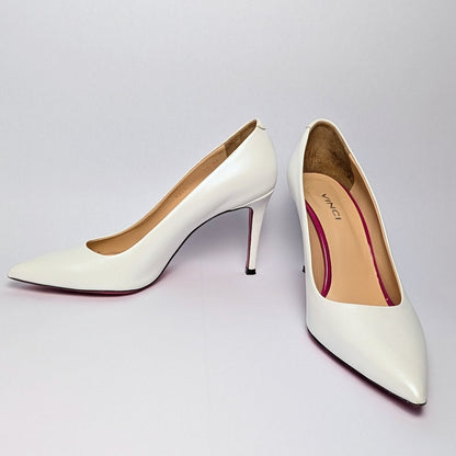 Vinci White Pearly Stiletto Heels with Fuchsia Sole Size 42