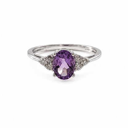 Vintage 925 Sterling Silver Amethyst & Diamond Ring Size 6.75
