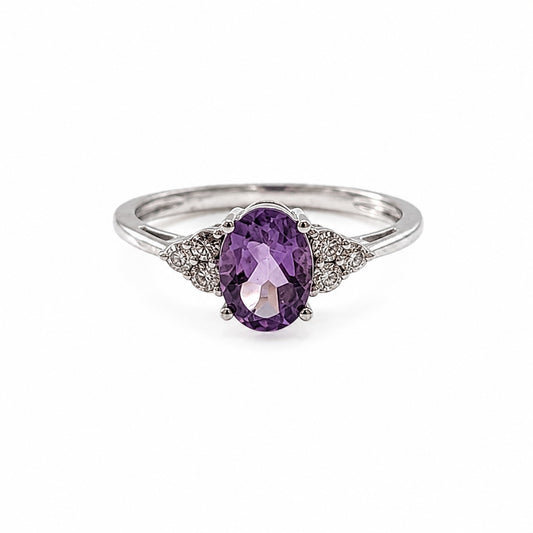 Vintage 925 Sterling Silver Amethyst & Diamond Ring Size 6.75