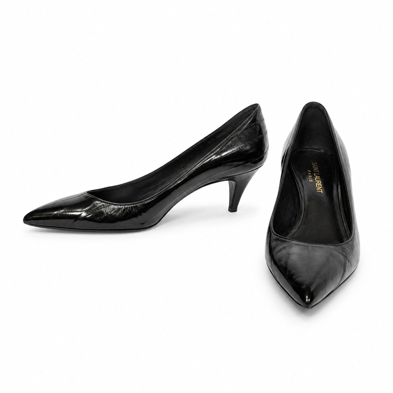 100% Genuine Eel Skin Saint Laurent Paris Black Kitten Heel Pumps Size 38.5 / US 8