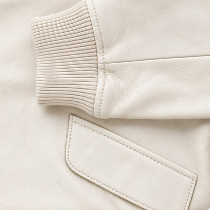 Nordstrom Ivory Genuine Leather Bomber Jacket Zip Front Ribbed Knit Trim