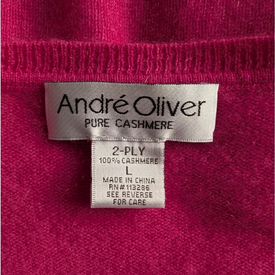 Andre Oliver 100% 2-Ply Pure Cashmere V-Neck Sweater, Fuchsia Pink, Size L