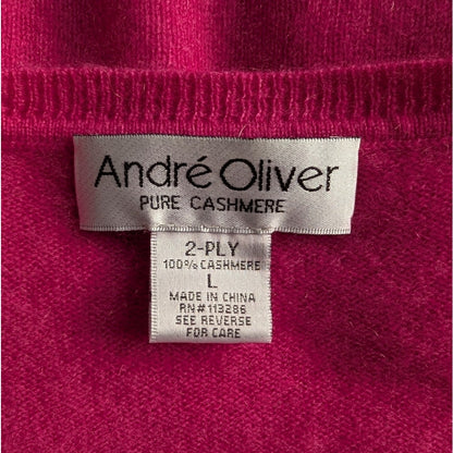 Andre Oliver 100% 2-Ply Pure Cashmere V-Neck Sweater, Fuchsia Pink, Size L