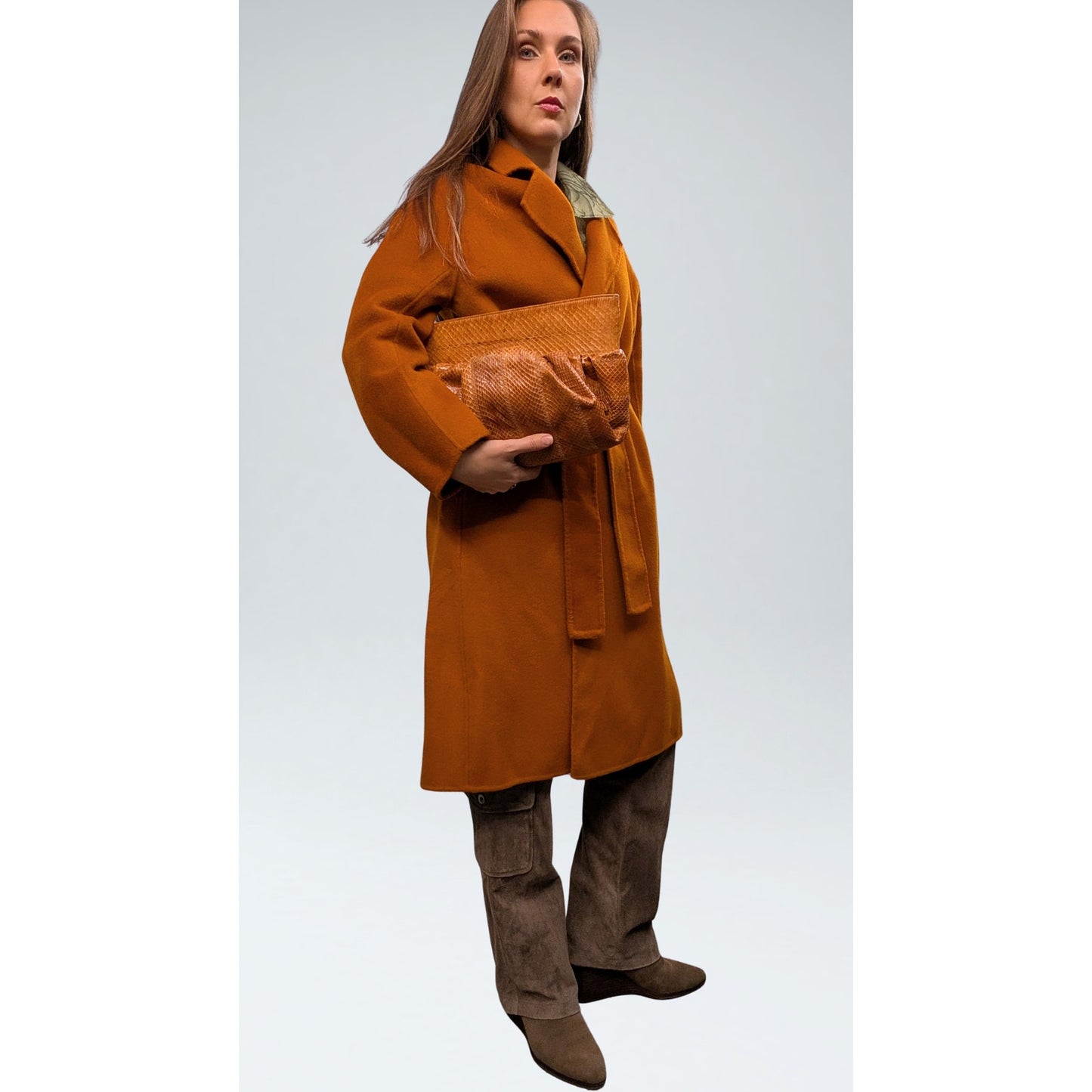 Burnt Orange Cashmere Wool Wrap Coat Double-Faced NWT