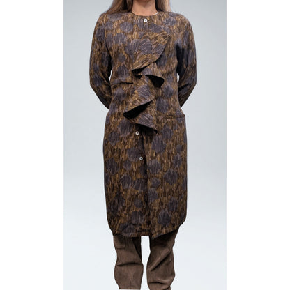 Vintage Omanti Wool Coat with Detachable Collar Olive Multi-Tone
