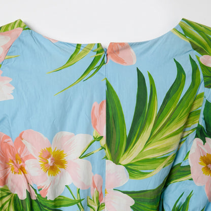 Carolina Herrera Blue Tropical Floral Mini Dress | Puff Sleeves | Belted | 100% Cotton | Italy