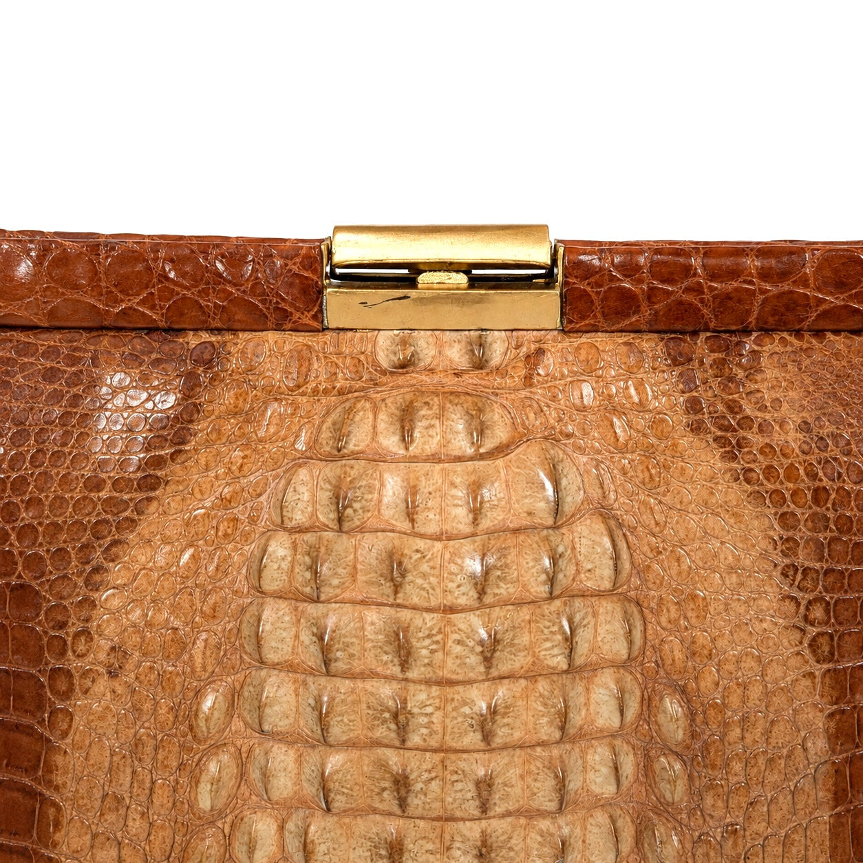 Vintage 100% Genuine Crocodile Skin Handbag Brown Suede Lined Gold Frame Shoulder Strap Mirror