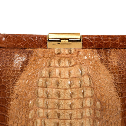 Vintage 100% Genuine Crocodile Skin Handbag Brown Suede Lined Gold Frame Shoulder Strap Mirror