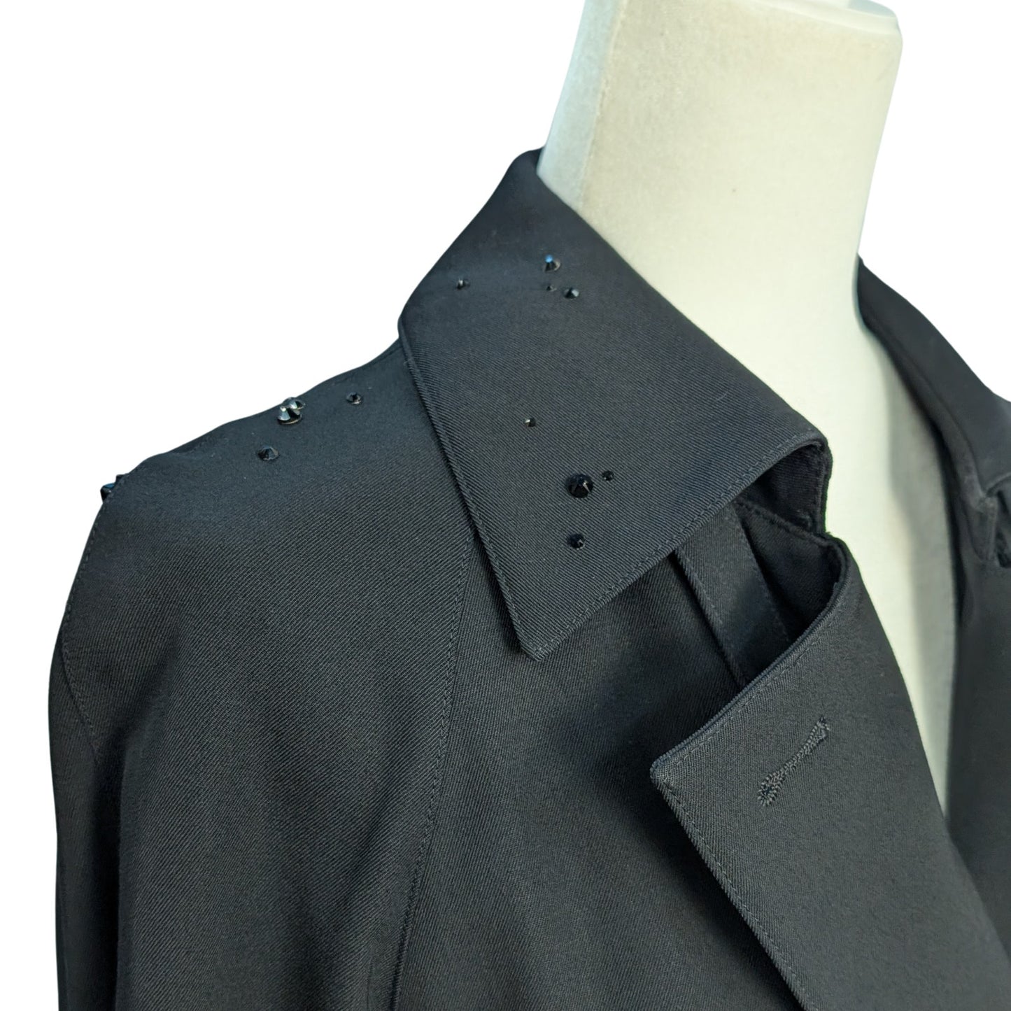 Vintage Black Wool Trench Coat with Austrian Crystal Details