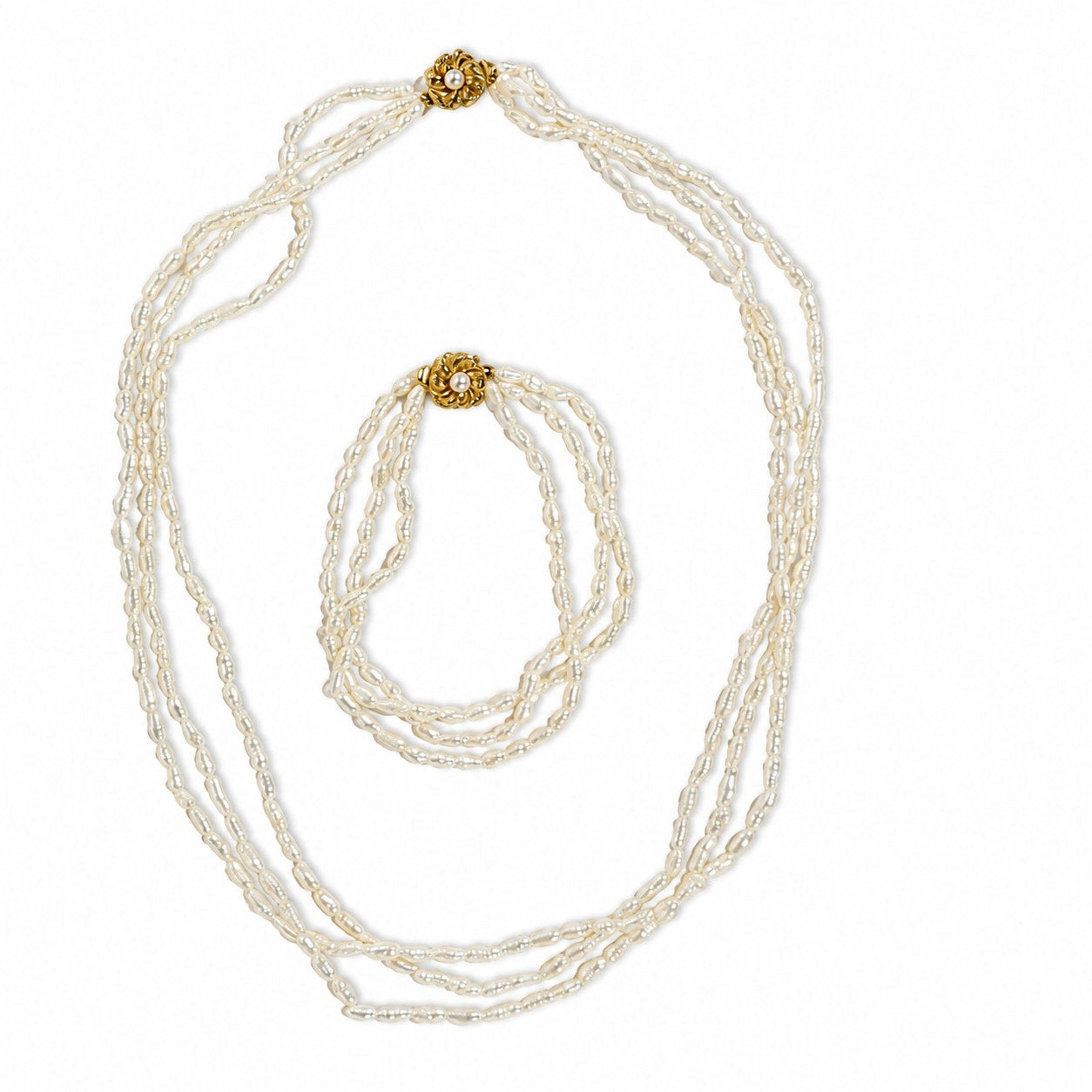 3 Strand Freshwater Pearl Necklace & Bracelet Set White Pink Luster