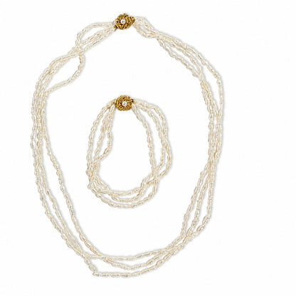 3 Strand Freshwater Pearl Necklace & Bracelet Set White Pink Luster