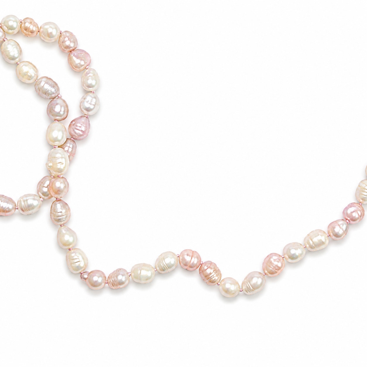 64" Cultured Baroque Pearl Necklace White & Pink 925 Silver Clasp