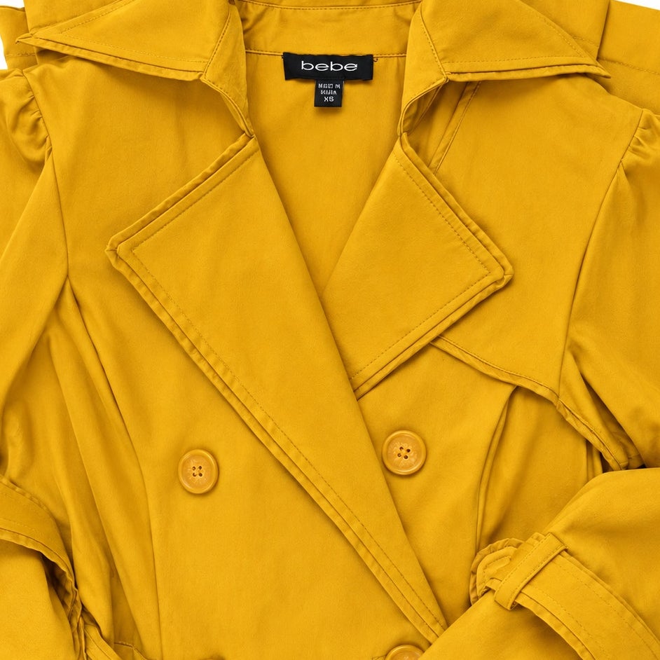 bebe Mustard Yellow Fit and Flare Trench Coat Belted Double Breasted XS