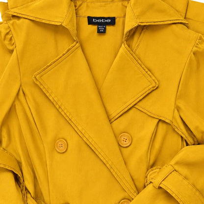 bebe Mustard Yellow Fit and Flare Trench Coat Belted Double Breasted XS