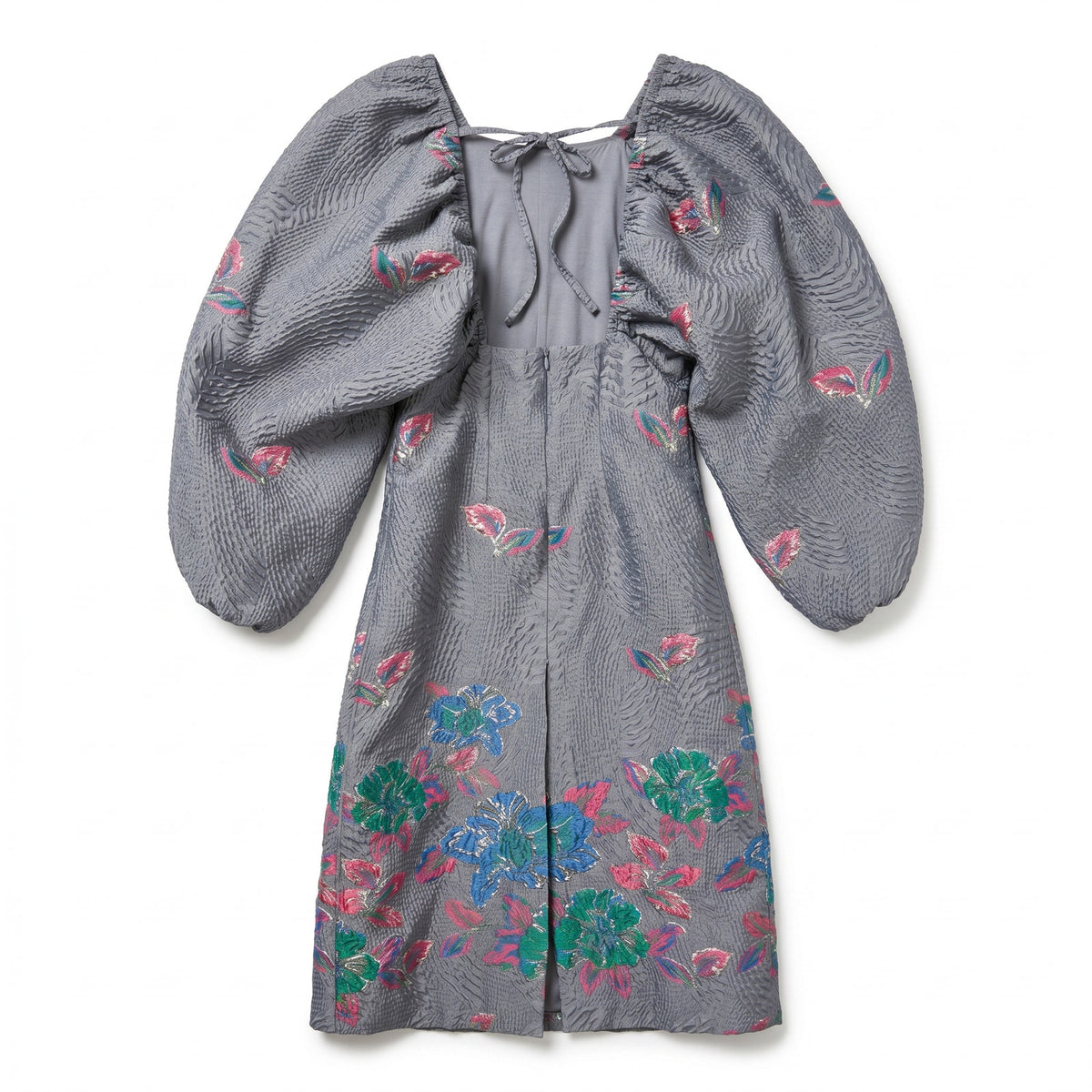 GANNI Gray Seersucker Jacquard Balloon Sleeve Midi Dress | Floral Embroidery | EU 38