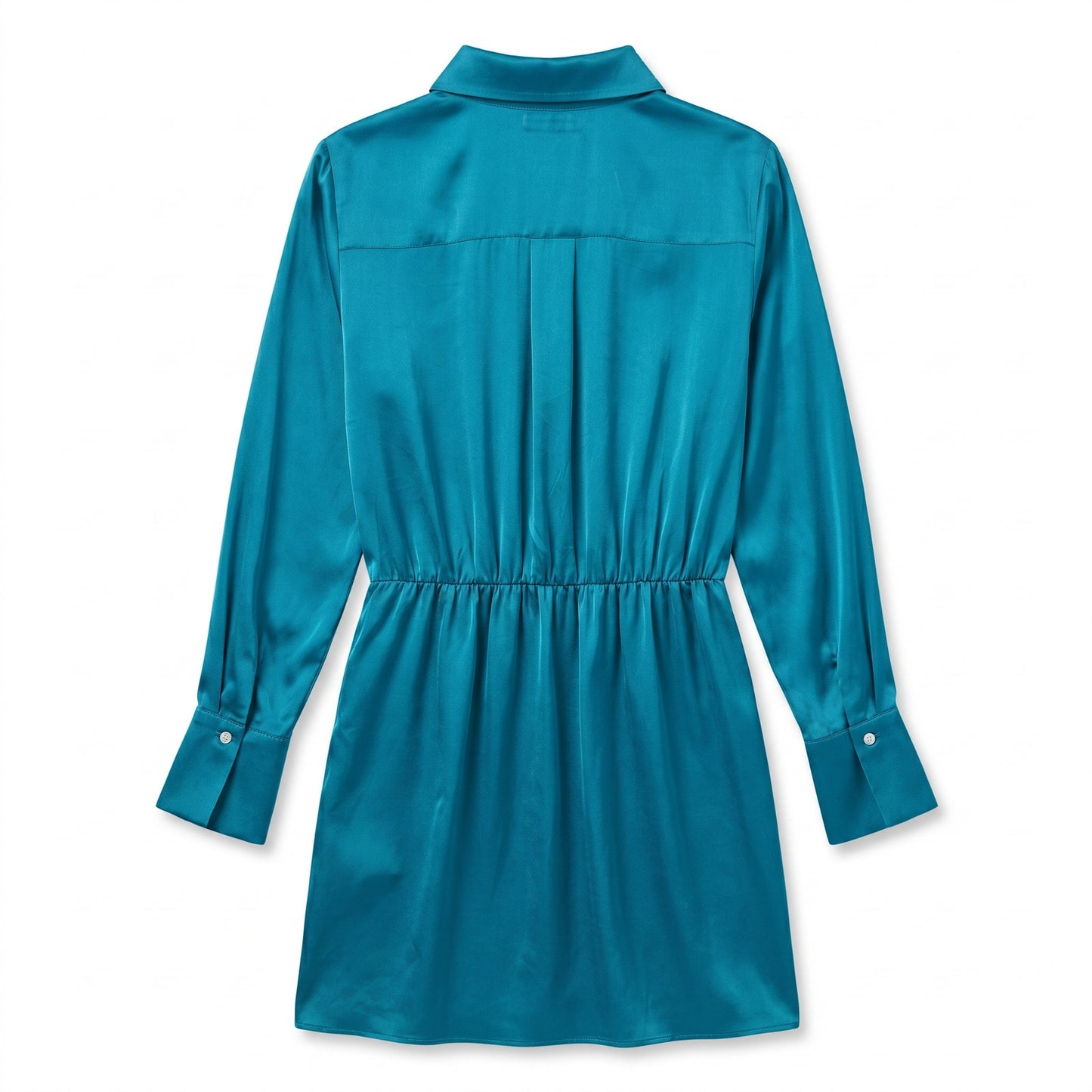 100% Silk Amanda Uprichard Teal Satin Mini Shirt Dress | Long Sleeve