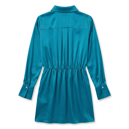 100% Silk Teal Satin Mini Shirt Dress Amanda Uprichard | Long Sleeve | S