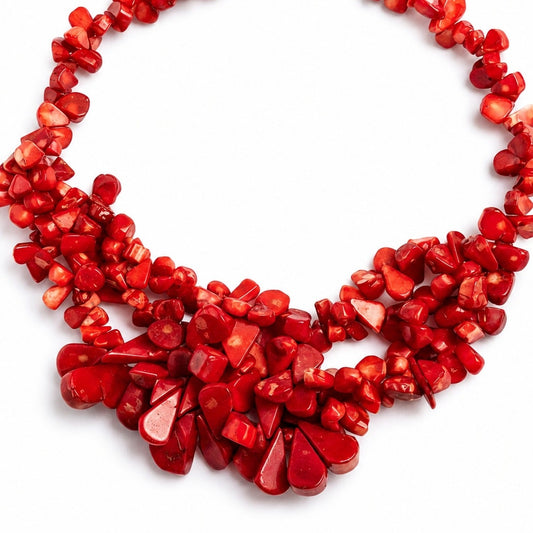 Red Coral Chip Statement Necklace Vintage 16" + 3" Extender