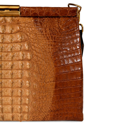 Vintage 100% Genuine Crocodile Skin Handbag Brown Suede Lined Gold Frame Shoulder Strap Mirror