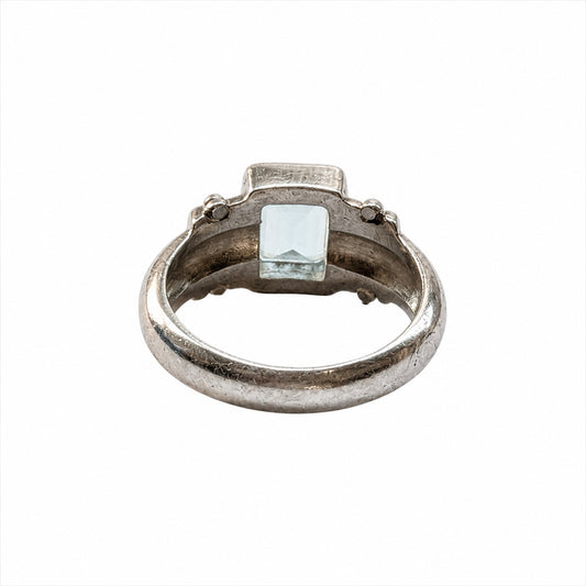925 Sterling Silver Blue Topaz Ring Size 7.25 Emerald Cut Statement Ring