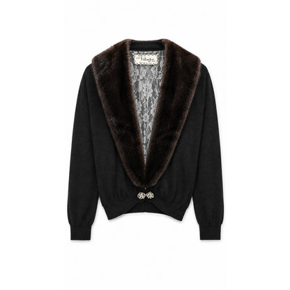 Vintage Handmade 100% Cashmere Cardigan Genuine Detachable Mink Collar Black Brown