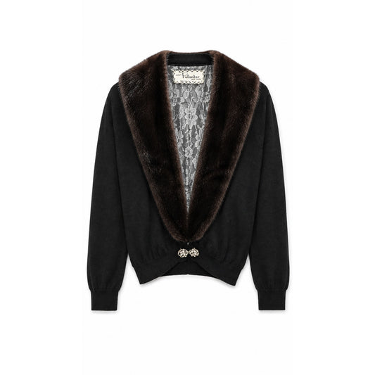 Vintage Handmade 100% Cashmere Cardigan Genuine Detachable Mink Collar Black Brown