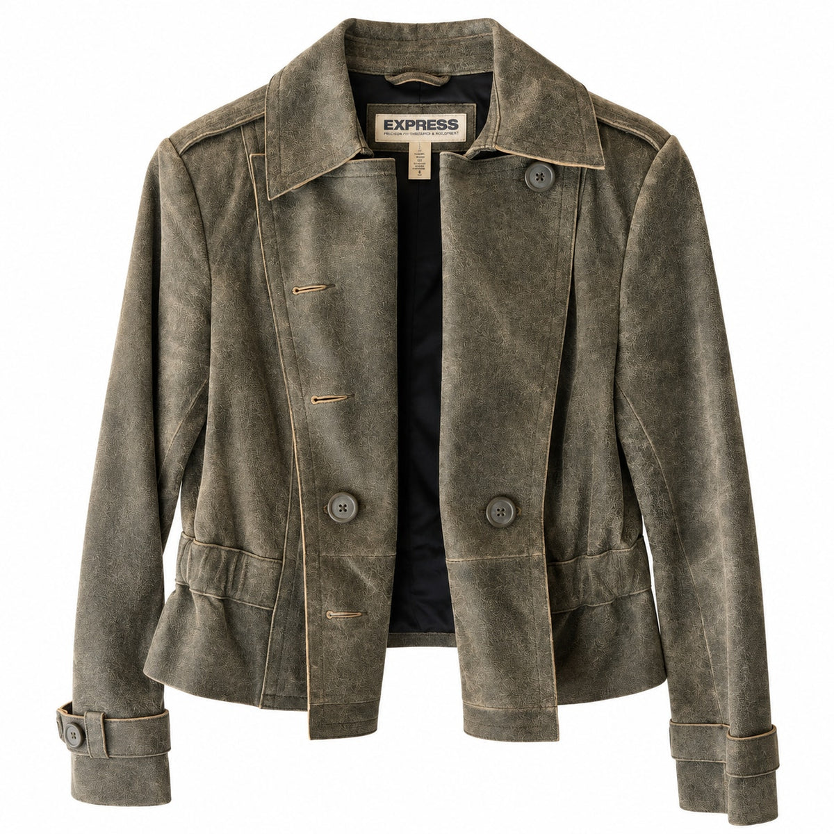 Express Distressed Leather Double Breasted Cropped Jacket Olive Peplum Size S