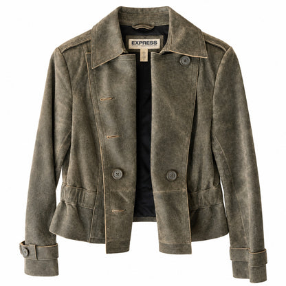 Express Distressed Leather Double Breasted Cropped Jacket Olive Peplum Size S
