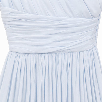 100% Silk  Pamella Roland Ice Blue One-Shoulder Pleated Chiffon Gown | Boned Bodice | Formal