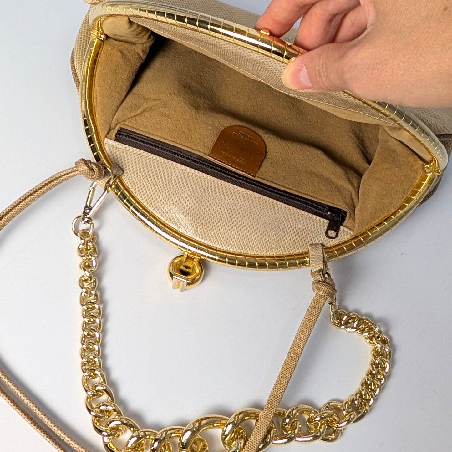 100% Genuine Lizard Skin Susan Gail  Half Moon Clutch Evening Bag Beige Gold Vintage