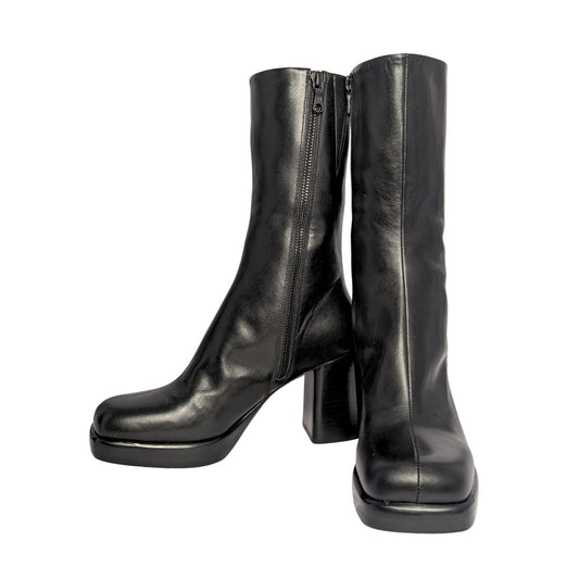 trinity boots, matrix boots, black ankle boots, black leather boots, 100% leather, block heel boots, platform boots, edgy boots, square toe boots,