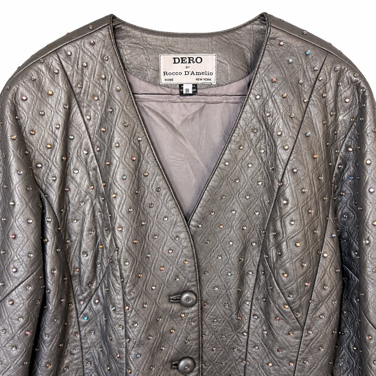 RARE DERO Rocco D'Amelio Silver Studded Leather Skirt Suit Quilted Jacket