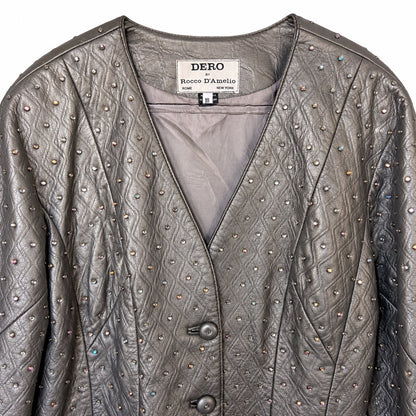 RARE DERO Rocco D'Amelio Silver Studded Leather Skirt Suit Quilted Jacket