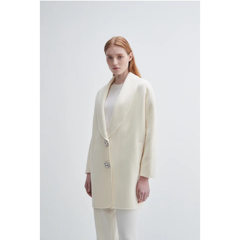 Ivory Merino Wool Cashmere Walking Coat with Crystal Buttons NWT