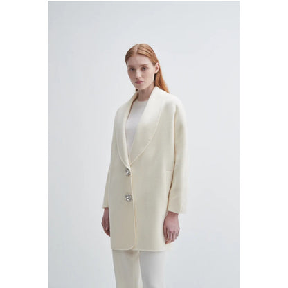 Ivory Merino Wool Cashmere Walking Coat with Crystal Buttons NWT