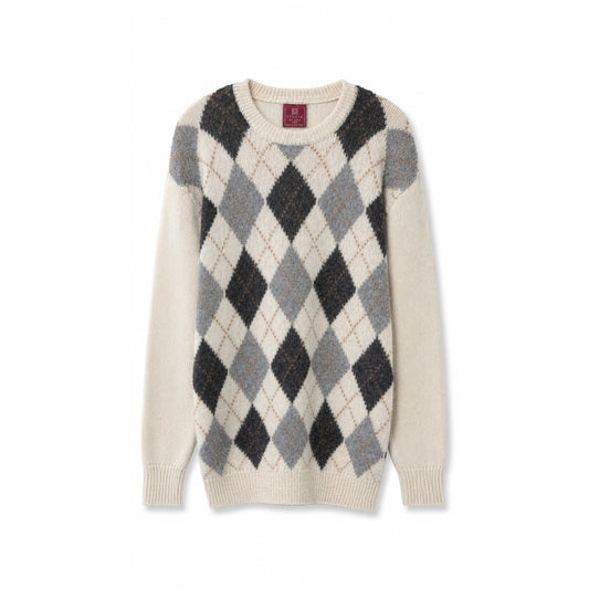 Vintage Nordstrom 100% Alpaca Argyle Crew Neck Sweater, Cream Gray, Size L
