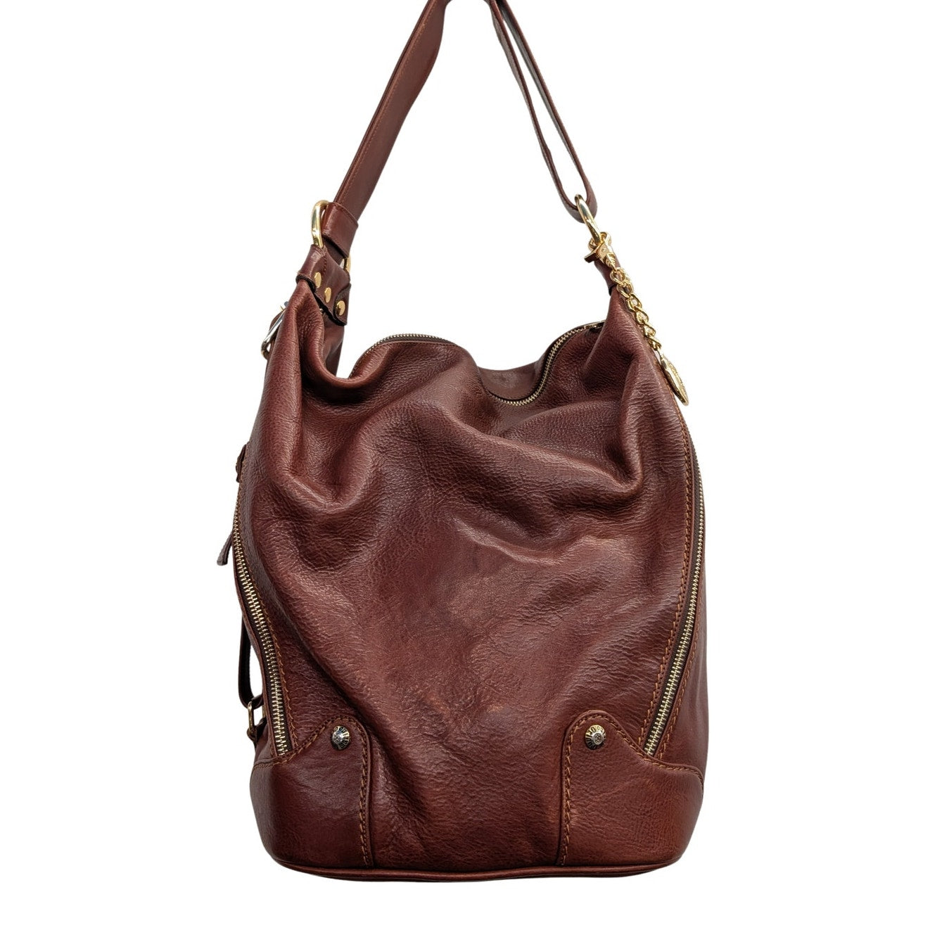Marino Orlandi Cognac Brown Leather Convertible Backpack Shoulder Bag Made in Italy