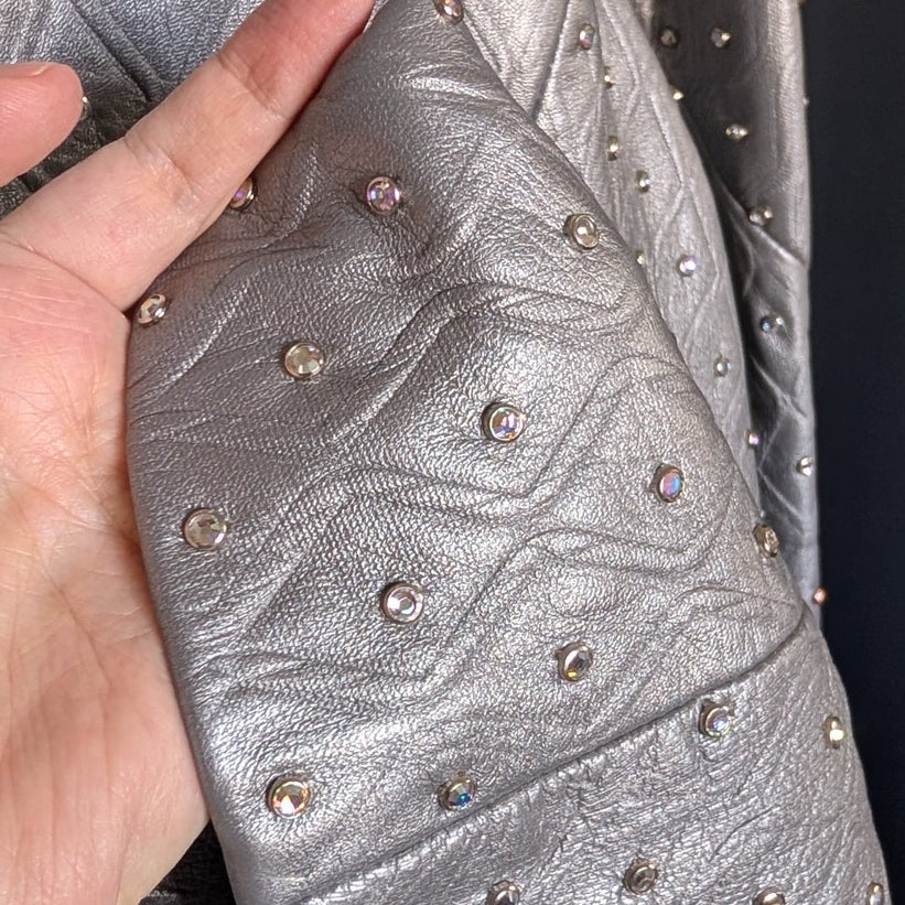 RARE DERO Rocco D'Amelio Silver Studded Leather Skirt Suit Quilted Jacket