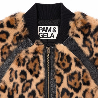 Pam & Gela Genuine Rabbit Fur Leather Leopard Bomber Jacket Size S