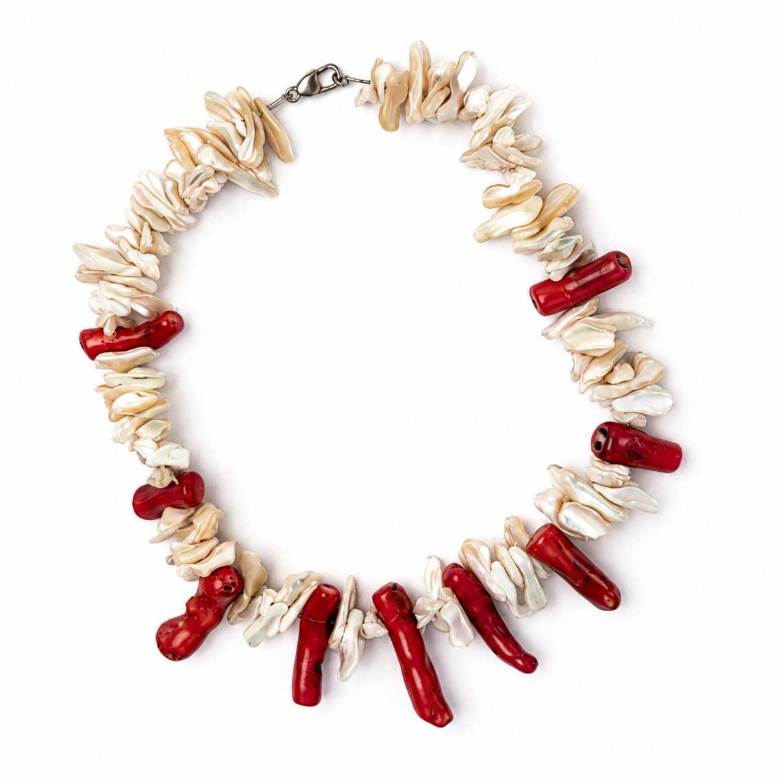 Natural Coral & Shell Statement Necklace 925 Sterling Silver Clasp 18"