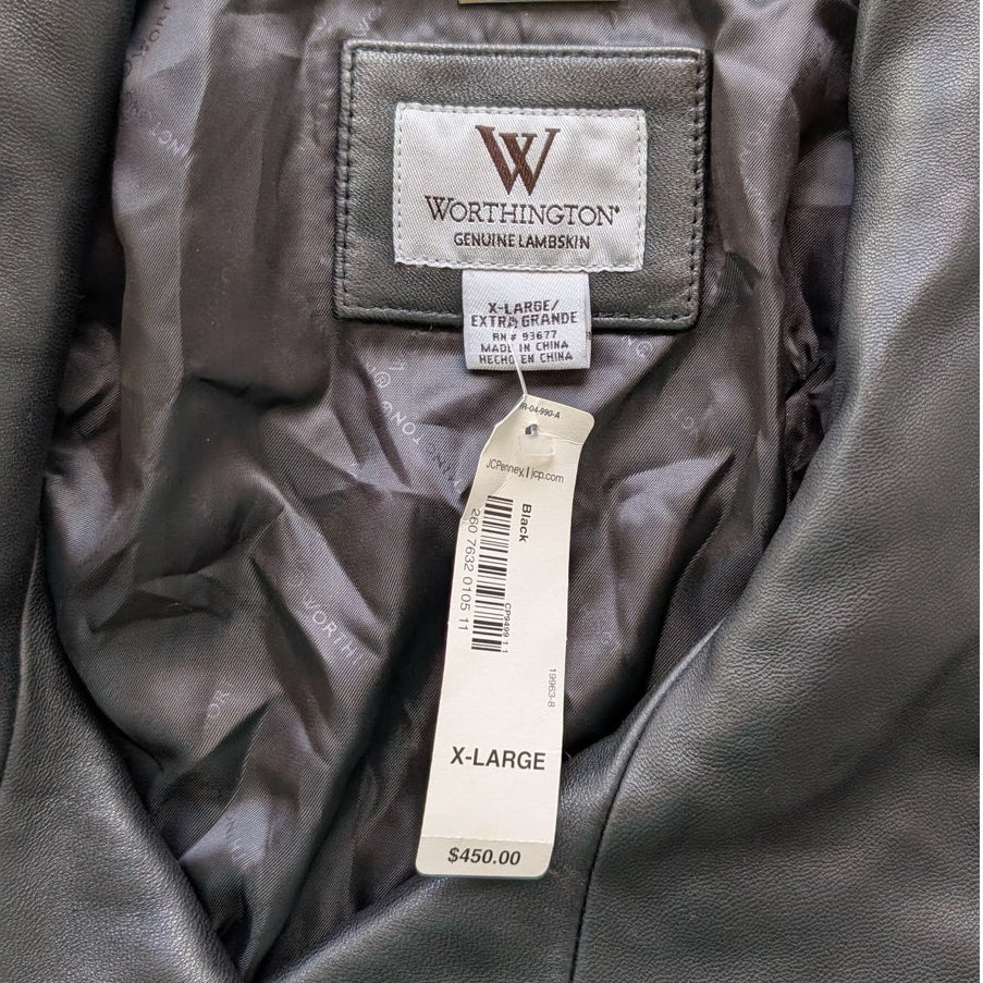 Worthington Black Genuine Lambskin Leather Peacoat Jacket Double Breasted XL NWT