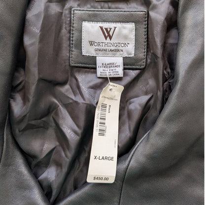 Worthington Black Genuine Lambskin Leather Peacoat Jacket Double Breasted XL NWT