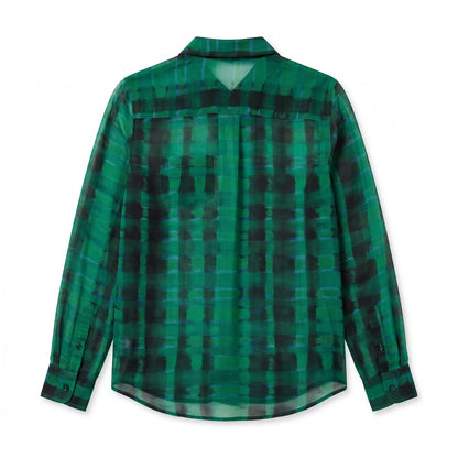 100% Silk Equipment Femme Sheer Green Blue Black Plaid Shirt | Size S