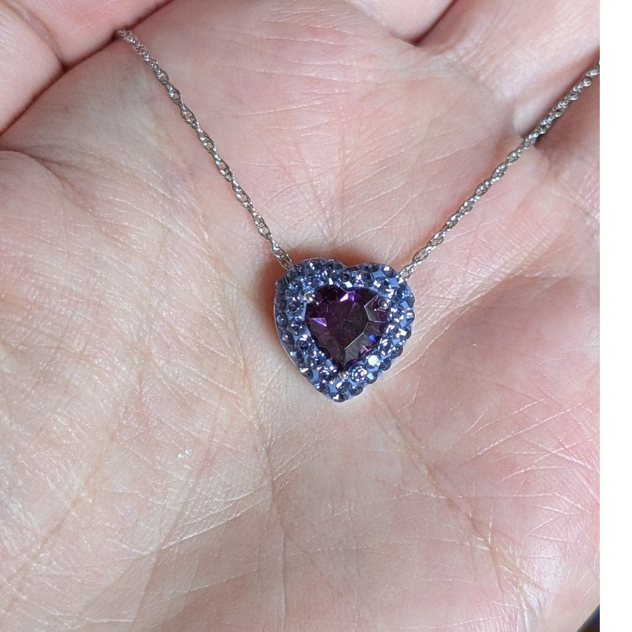925 Sterling Silver Heart Crystal Necklace Purple & Lavender Halo 18"